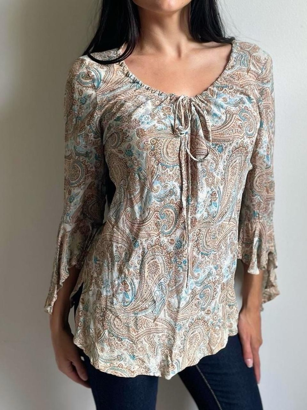 Quizz Again Paisley Tie-Neck Bell Sleeve Blouse